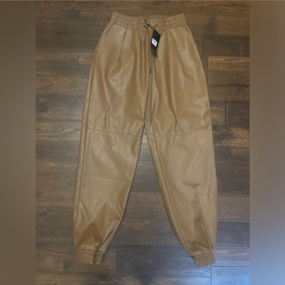 Venti6 Italy Camel Faux Leather Joggers High Waisted Drawstring Pants 70203# L